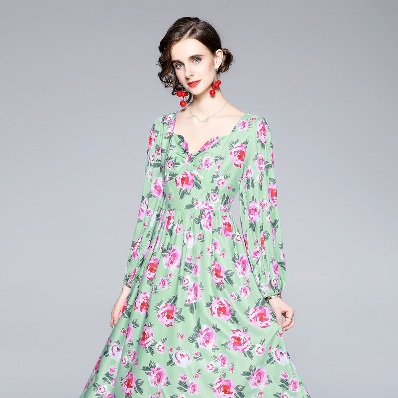 Kaimilan Green & Floral Print Day A-line Sweetheart Neck Bishop Long Sleeve Below Knee Dress