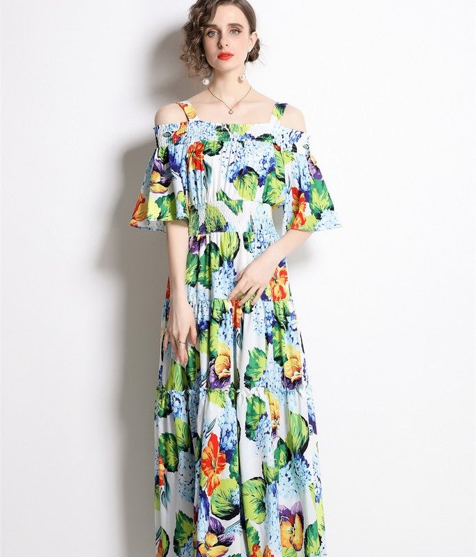 Kaimilan Light Blue & Green Floral Print Day A-line Strap Off The Shoulder Tea Dress