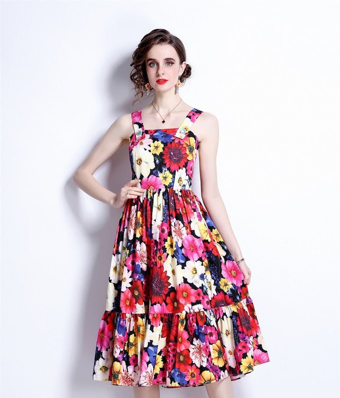 Kaimilan Multicolor Floral Print Day A-line Strap Knee Dress In Red