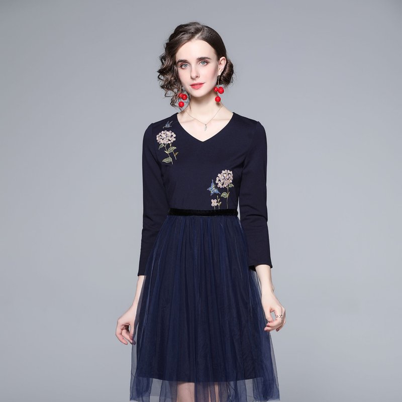 Kaimilan Navy Day A-line V-neck 3/4 Sleeves Knee Dress In Blue