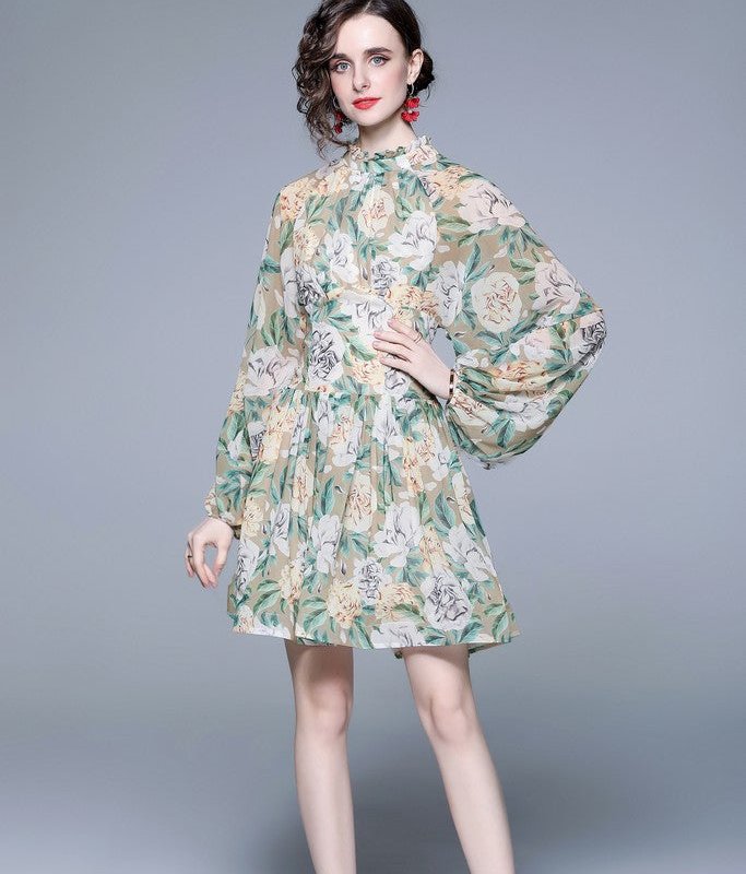 Kaimilan Pale Green & Floral Print Day A-line Long Sleeve Jewel Above Knee Dress