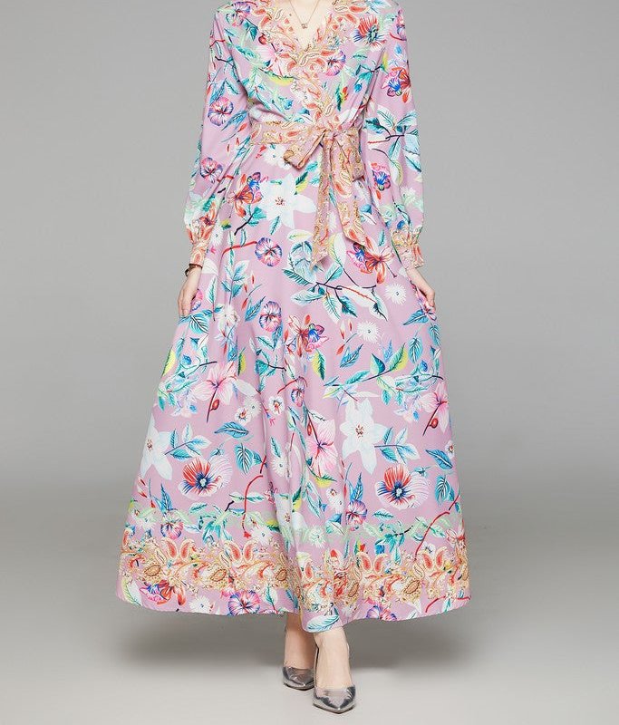 Kaimilan Pink & Flower Print Day A-line V-neck Long Sleeve Tea Dress
