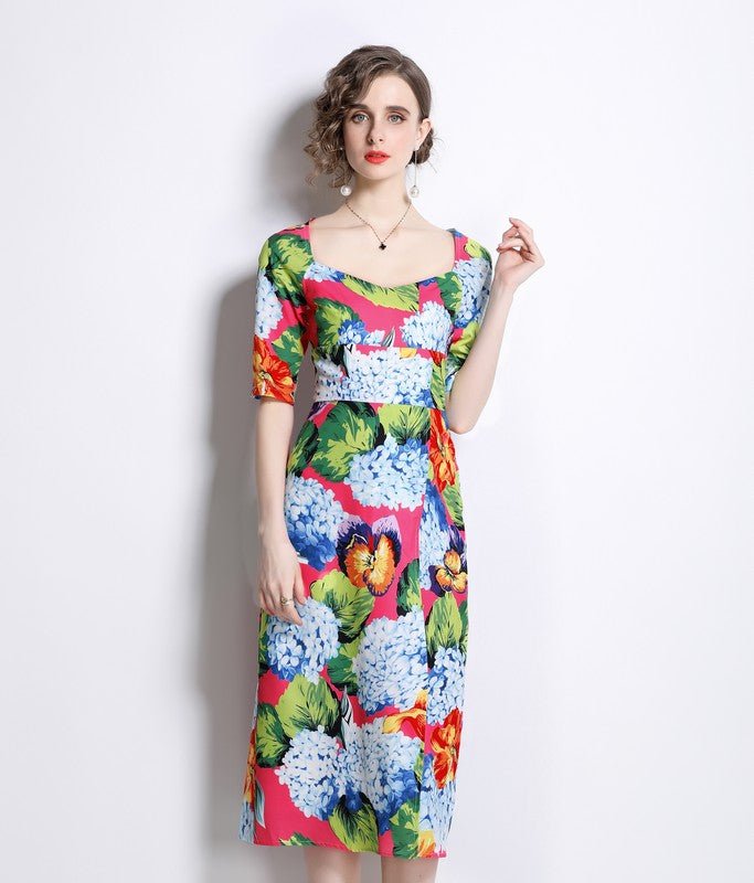 Kaimilan Pink & Multicolor Print Day A-line Squareneck Short Sleeve Midi Dress