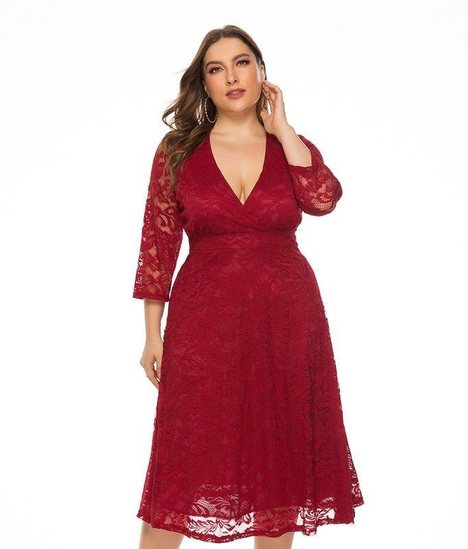 Shop Kaimilan Red Evening A-line V-neck 3/4 Sleeves Midi Dress