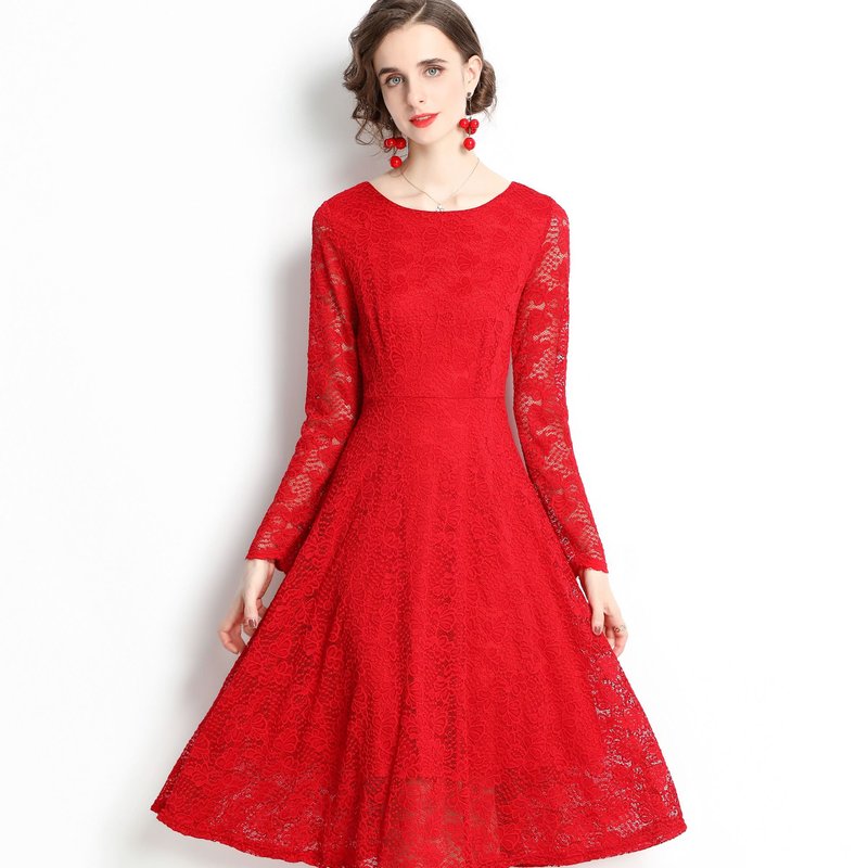 Kaimilan Red Evening Lace A-line Boatneck Long Sleeve Midi Classic Dress