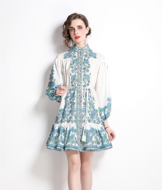 Kaimilan White & Light Blue & Gren Print Day A-line Shirt Colar Long Sleeve Short Dress