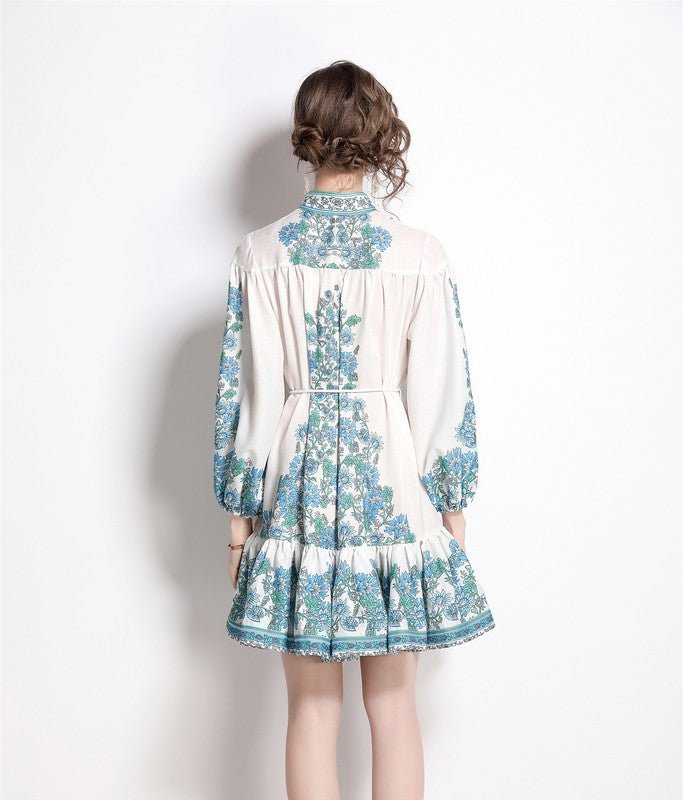 Shop Kaimilan White & Light Blue & Gren Print Day A-line Shirt Colar Long Sleeve Short Dress