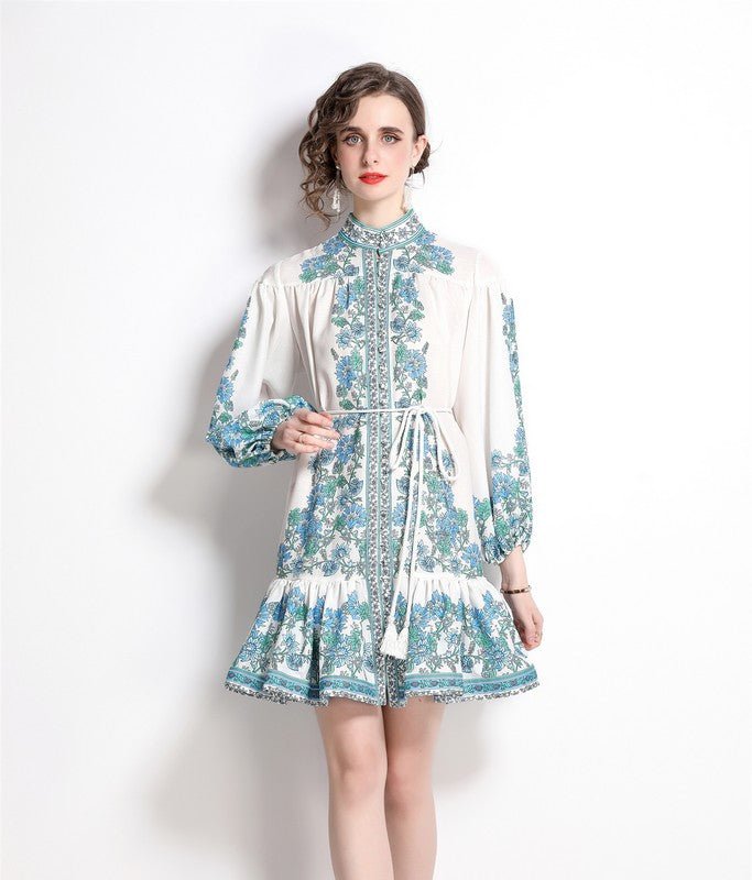 Shop Kaimilan White & Light Blue & Gren Print Day A-line Shirt Colar Long Sleeve Short Dress