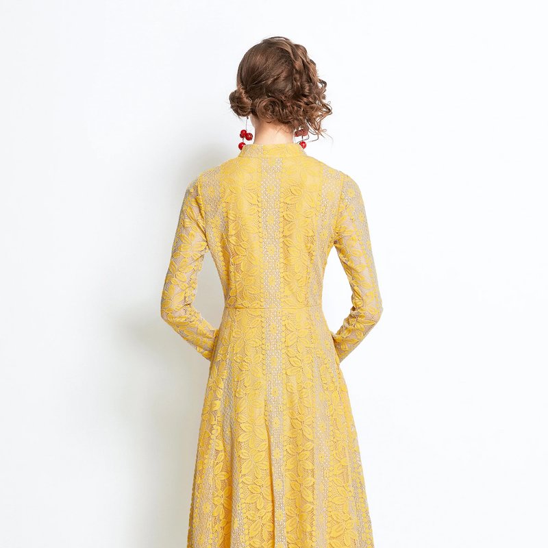 Shop Kaimilan Yellow Evening Buttoned Lace A-line High Neck Long Sleeve Below Knee Dress