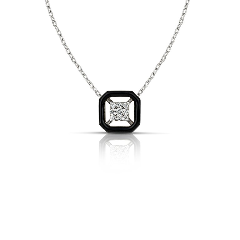 Deco Gold Necklace with Diamonds and Black Enamel - Silver/Black