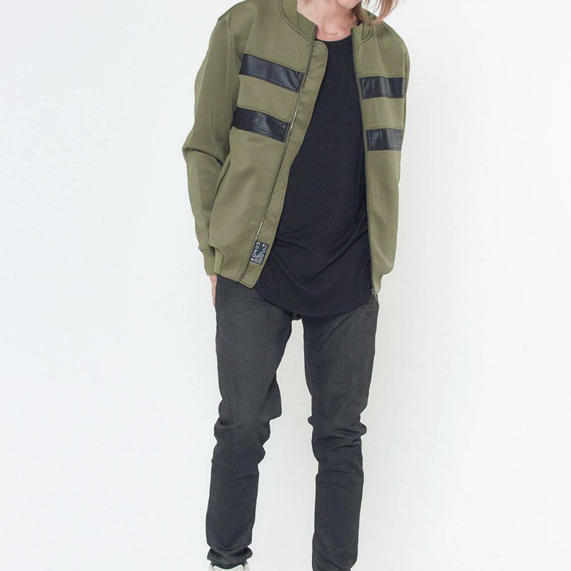 Konus Men's Bomber Jacket With Faux Leather Stripes In Olive In Green