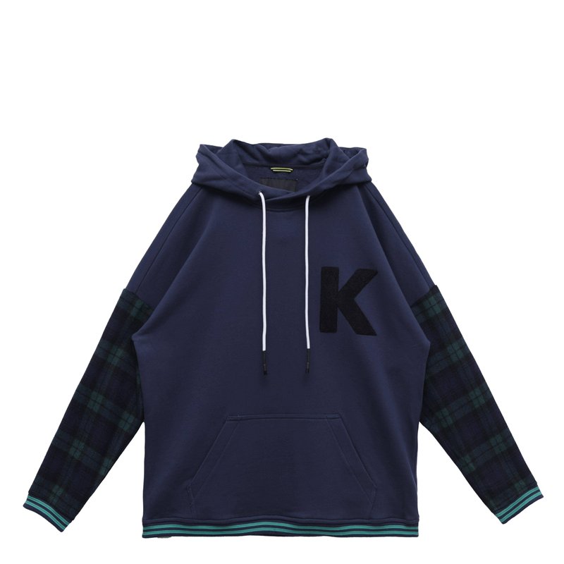 Shop Konus Men's Pullover Hoodie With Wool Blend Plaid Sleeves In Blue