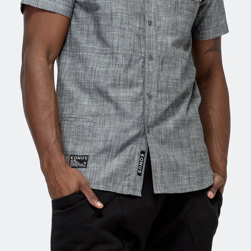 Shop Konus Men's Short Sleeve Mandarin Collar Shirt In Charcoal In Grey