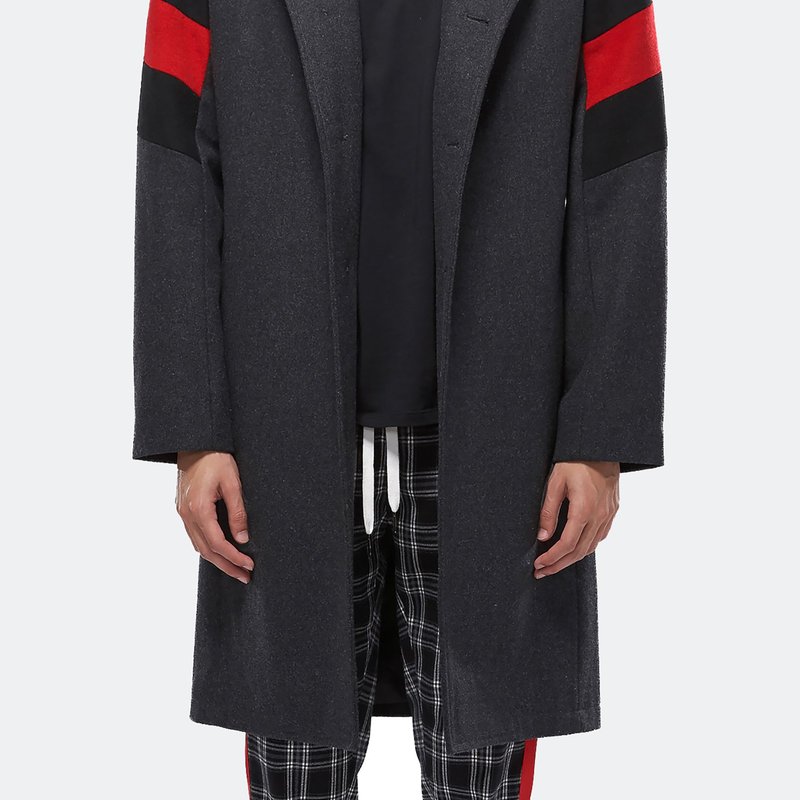 Shop Konus Men's Wool Blend Long Coat With Contrast Stripes In Charcoal In Grey