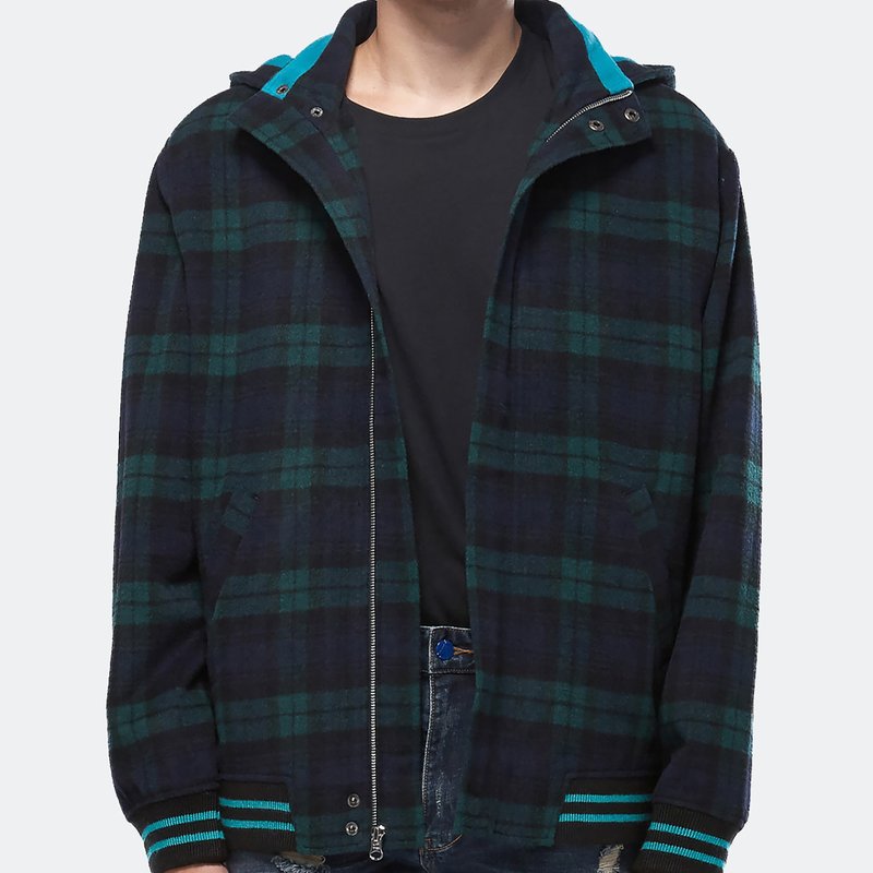 Konus Men's Wool Blend Plaid Hooded Zip Up Jacket In Green