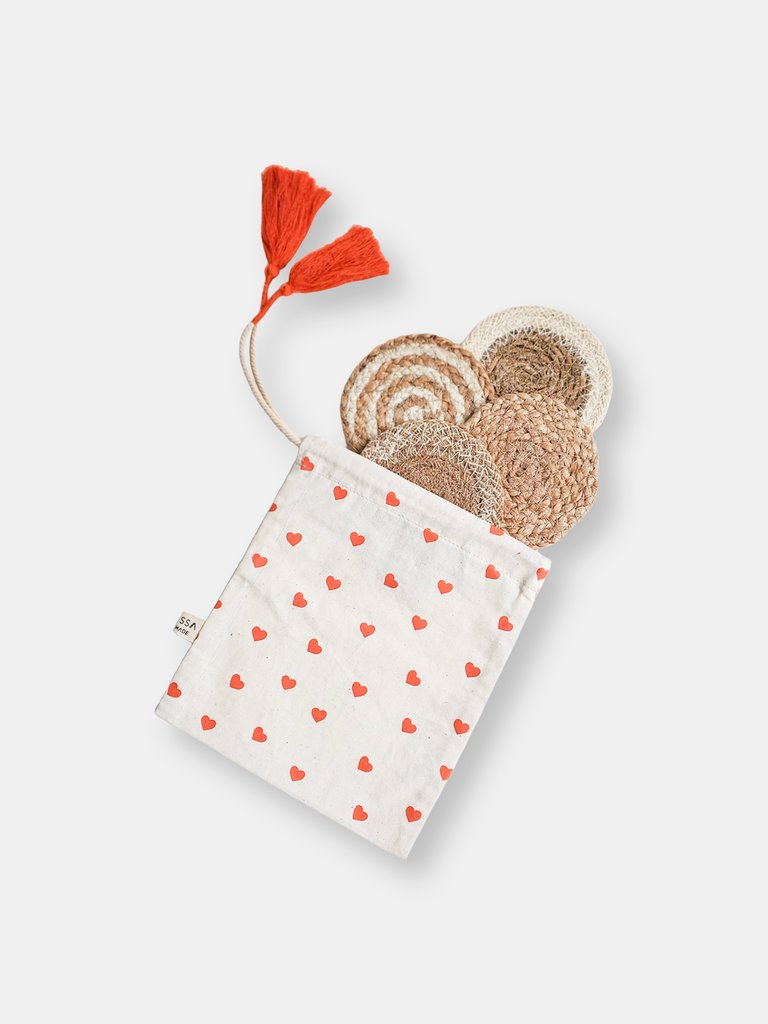 Natural Coaster Gift Set with Heart pouch