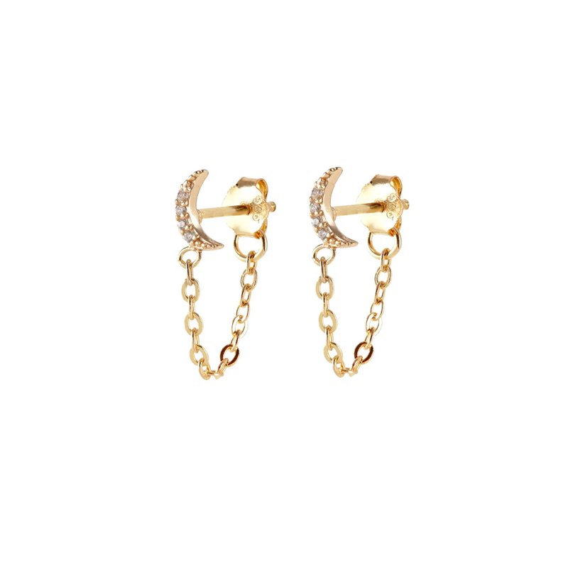 Kris Nations Crescent Moon Crystal Chain Stud Earrings In Gold