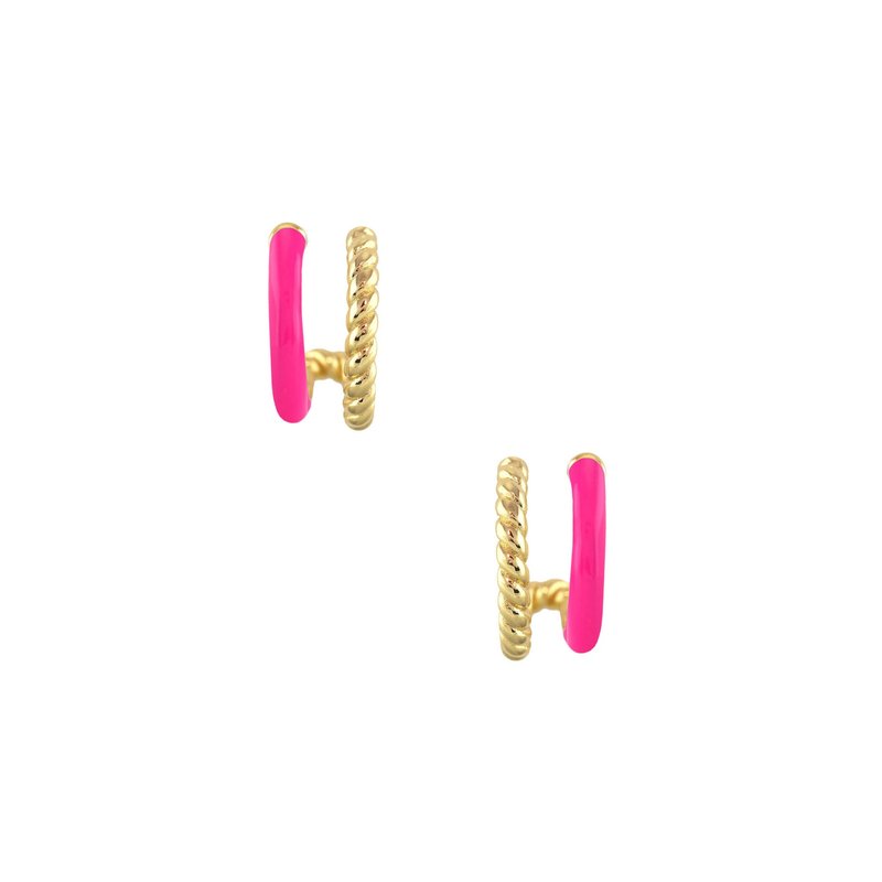 Kris Nations Enamel And Twist Double Huggie Hoop Earrings In Pink