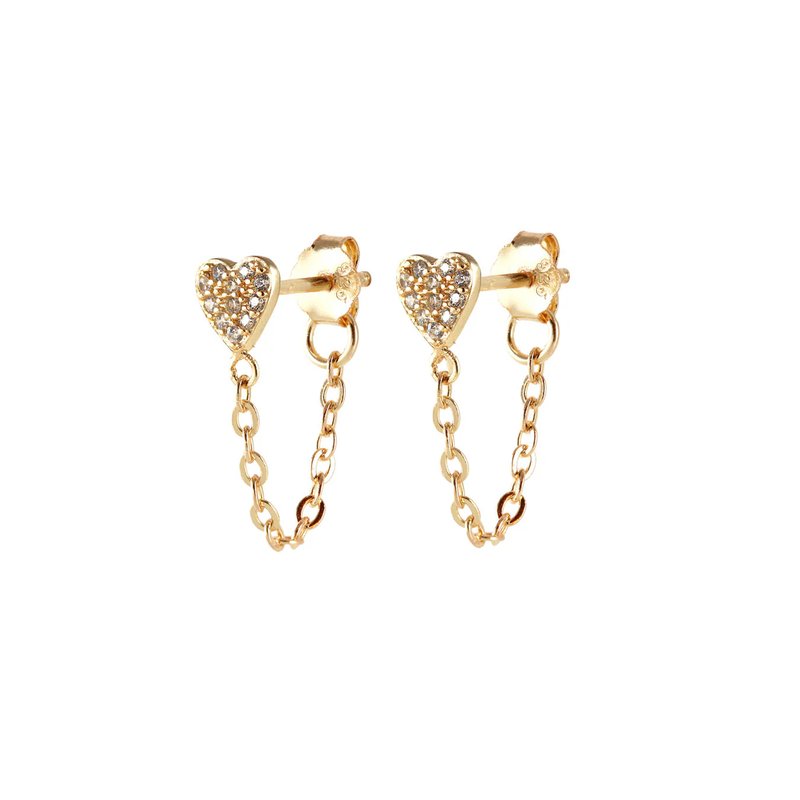 Kris Nations Heart Crystal Chain Stud Earrings In Gold