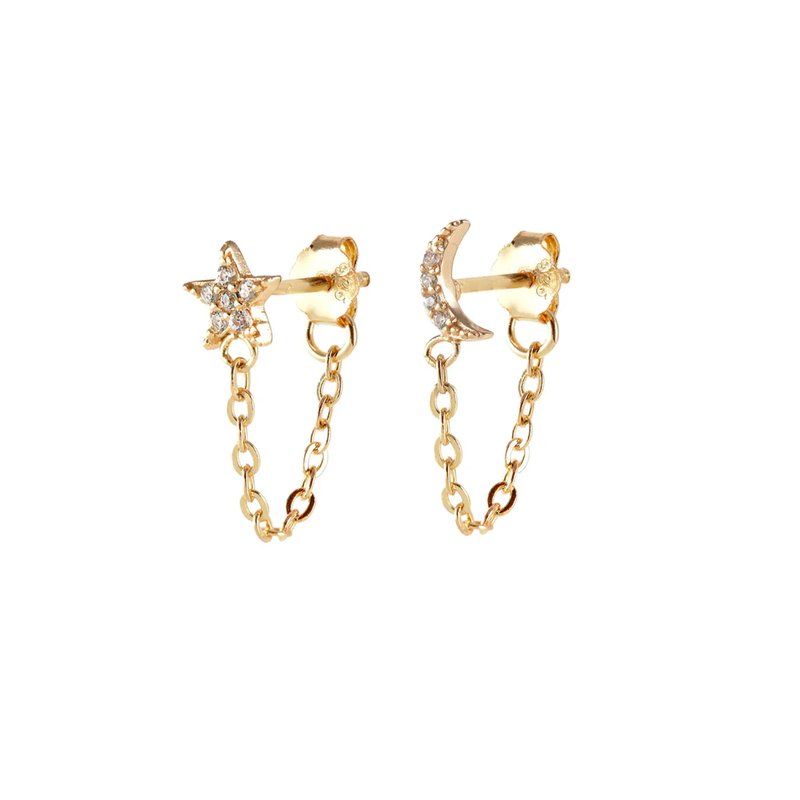 Kris Nations Star Moon Crystal Chain Stud Earrings In Gold