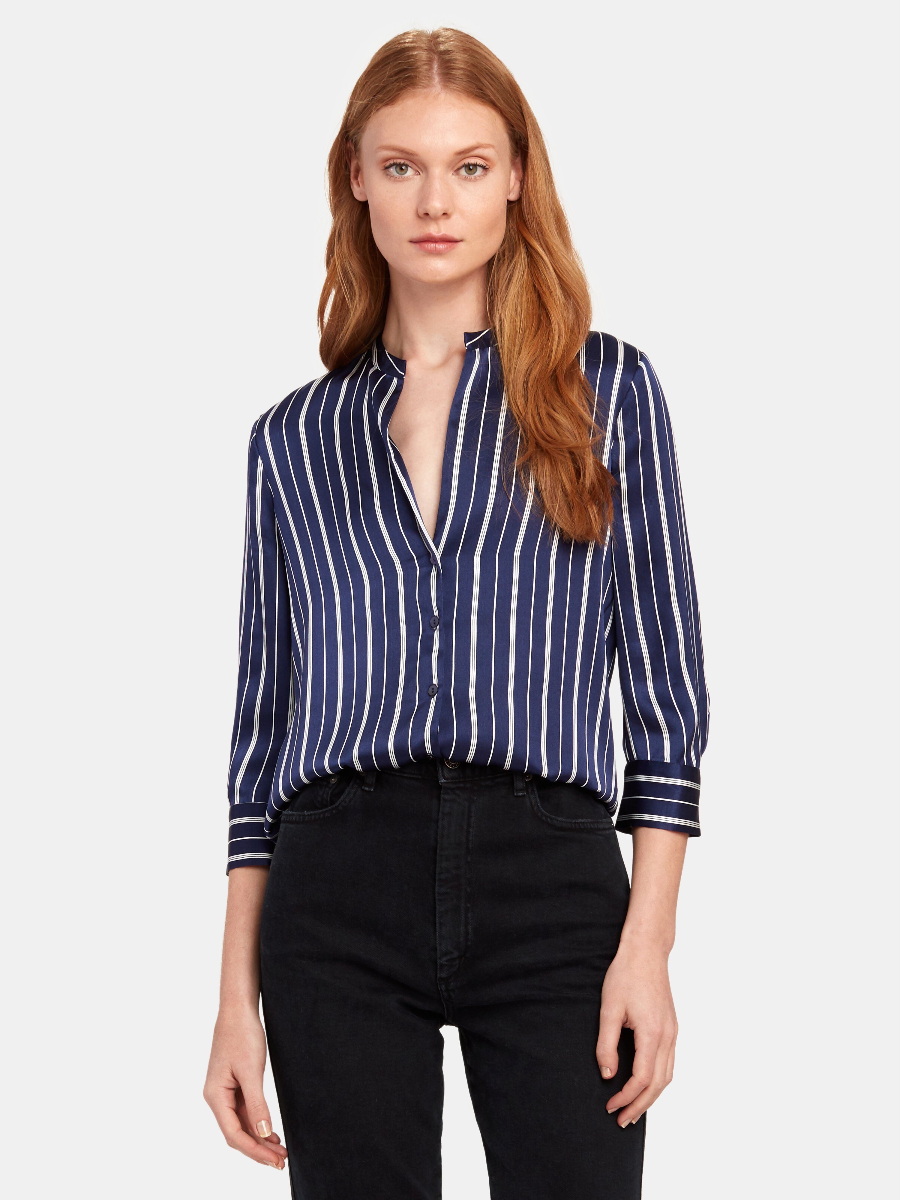 L Agence L'agence Aoki 3/4 Sleeve Blouse In Navy/ivory Pinstripe