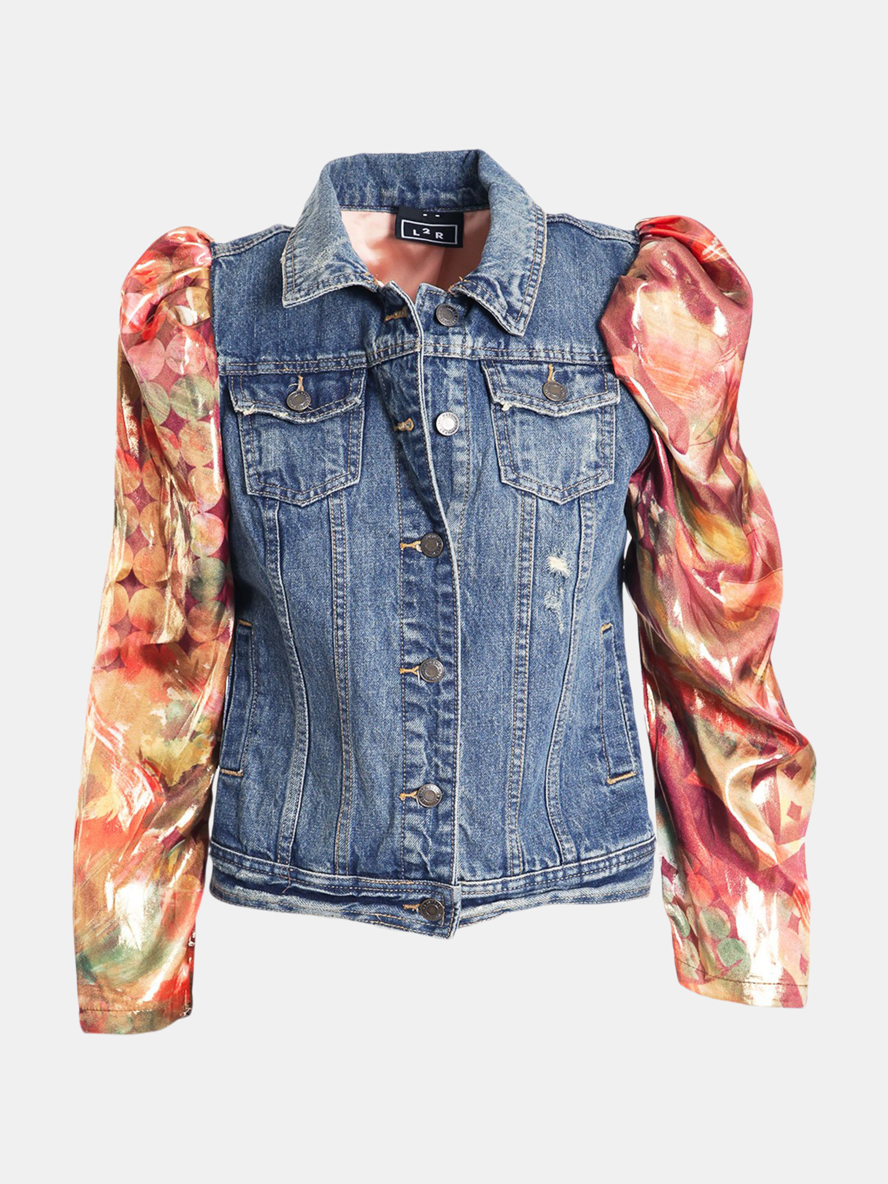 L2R THE LABEL L2R THE LABEL PUFF SLEEVES UPCYCLED DENIM JACKET WITH FLORAL ORANGE LAME SLEEVES