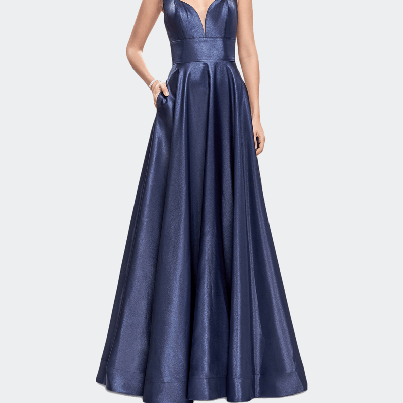 La Femme A-line Ball Gown With V Open Back And Pockets In Blue