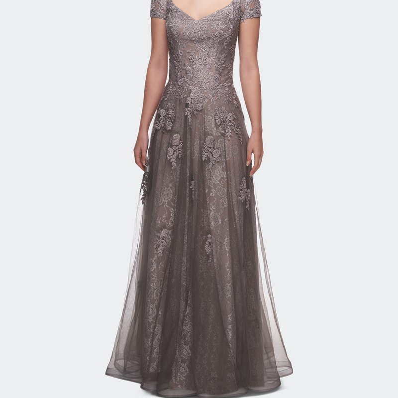 La Femme A-line Dress Lace Detail And Sheer Cap Sleeves In Grey