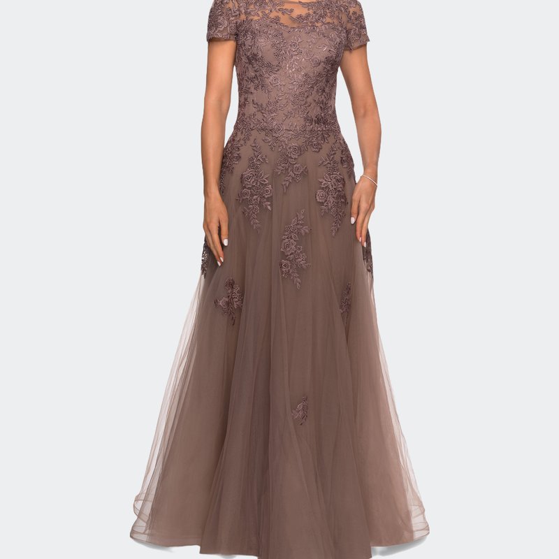 La Femme A-line Formal Gown With Floral Lace Appliques In Brown