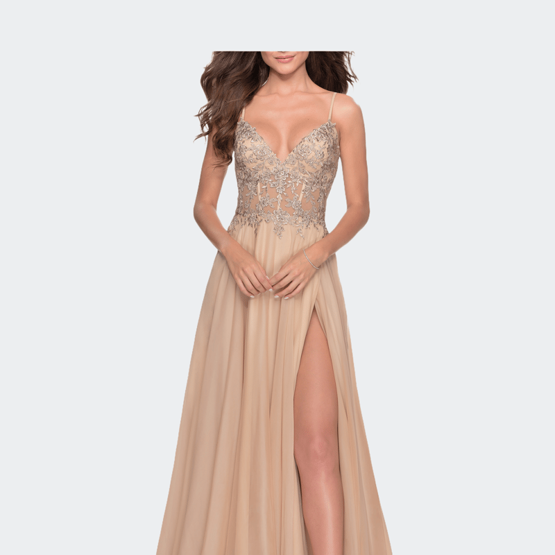 La Femme A-line Gown With Sheer Floral Embellished Bodice In Brown
