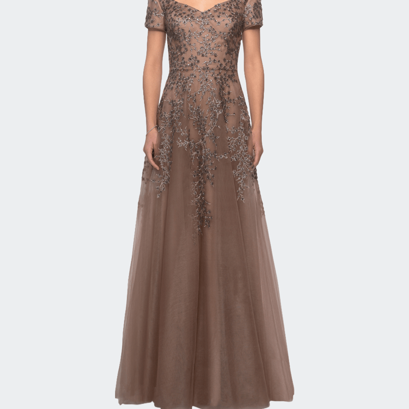 La Femme A-line Lace And Tulle Evening Dress With Beading In Brown