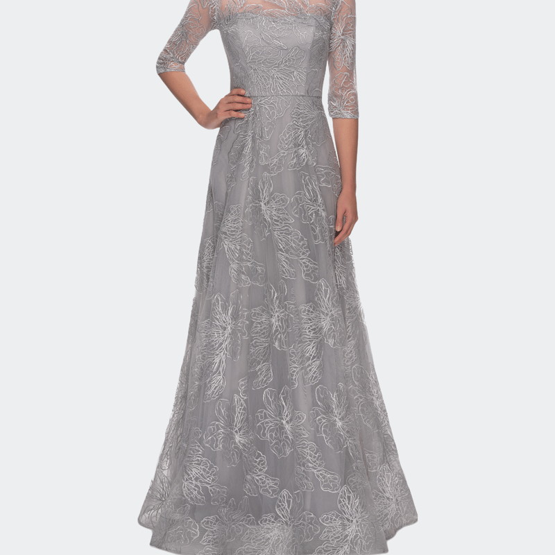 La Femme A-line Lace Sequin Gown With Sheer Scoop Neckline In Silver