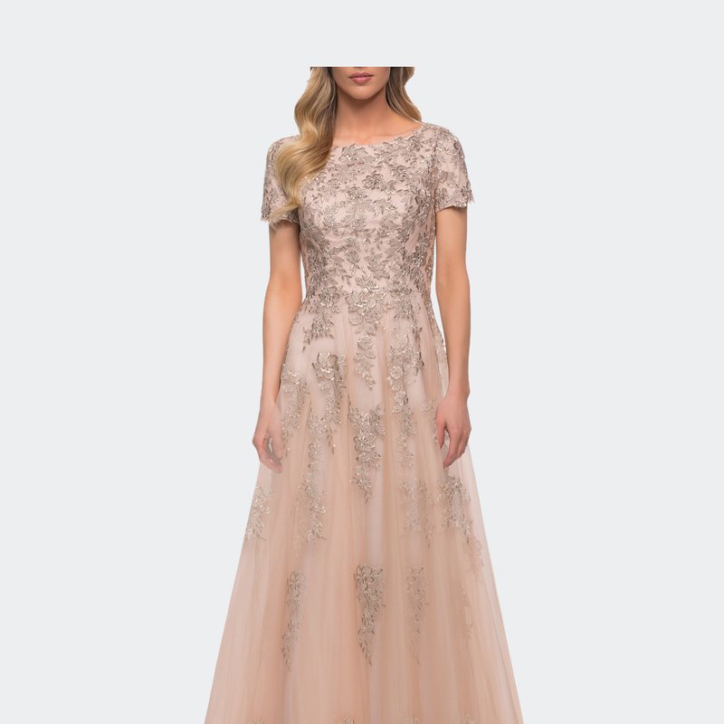 La Femme A Line Tulle And Lace Gown With Short Sleeves In Brown