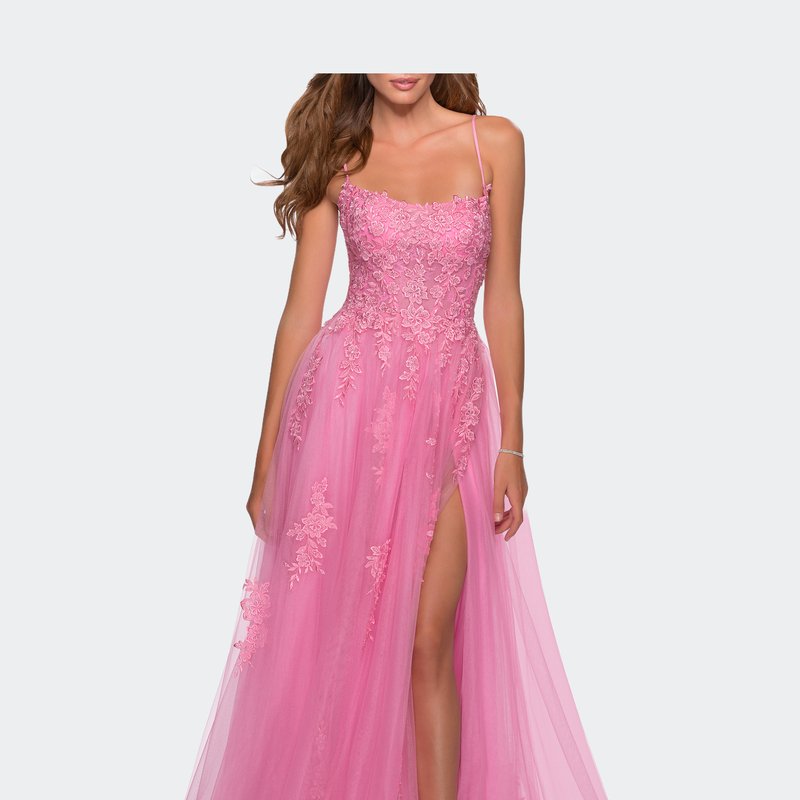 La Femme A-line Tulle Gown With Floral Embroidery And Pockets In Pink