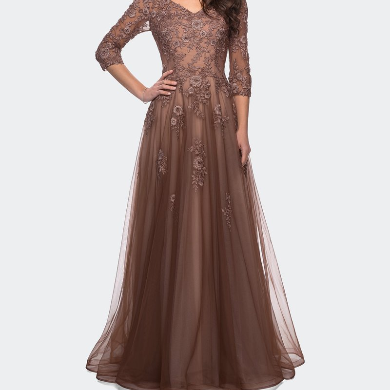 Shop La Femme A-line Tulle Gown With Floral Lace Detail And V-neck In Brown
