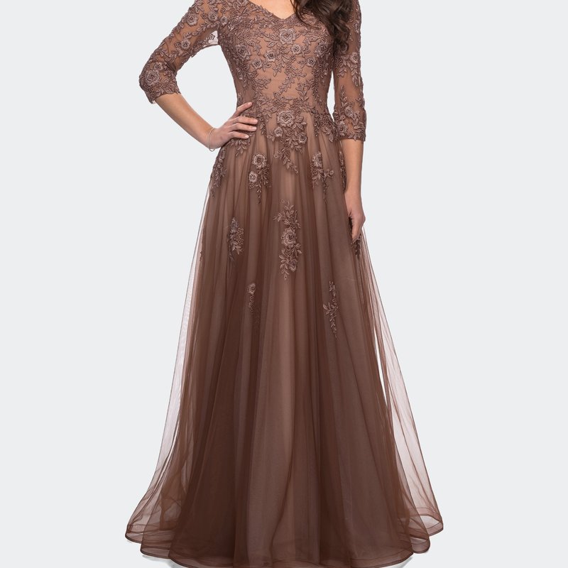 La Femme A-line Tulle Gown With Floral Lace Detail And V-neck In Cocoa