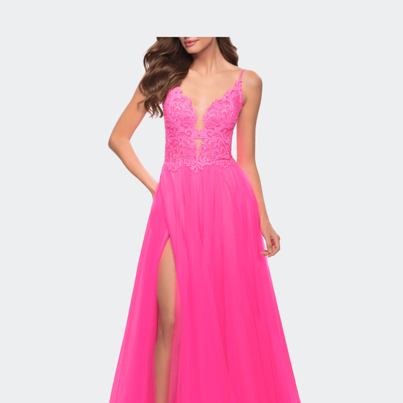 La Femme A Line Tulle Gown With Lace Bodice And V Back In Pink