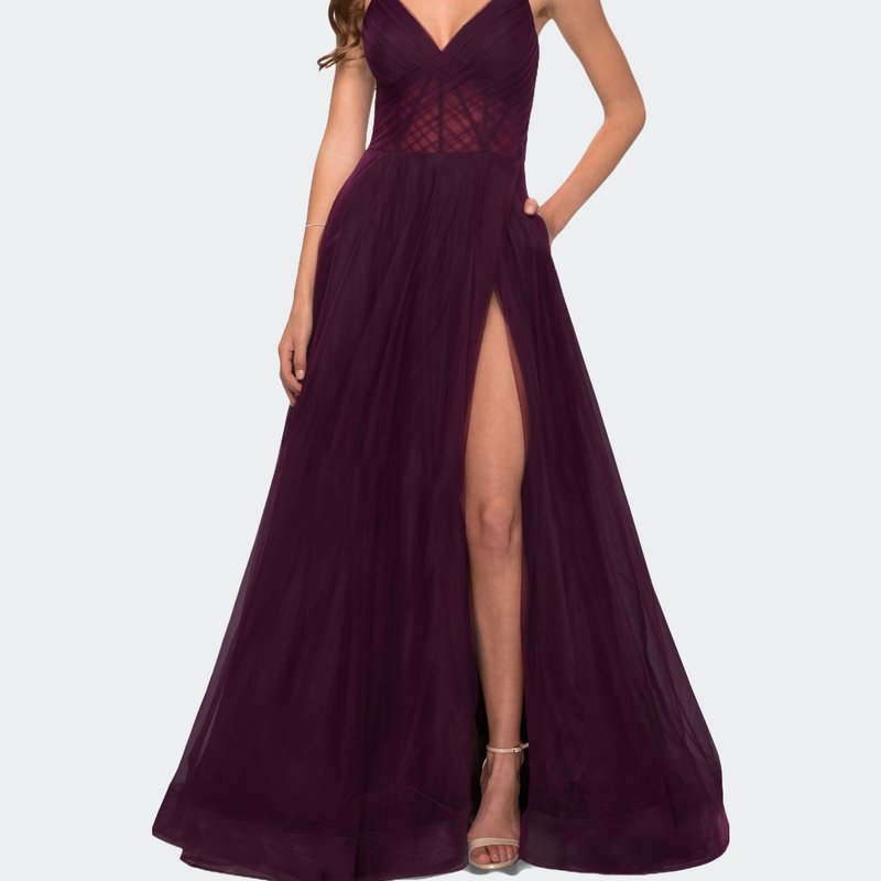 Shop La Femme A Line Tulle Prom Dress With Sheer Bodice In Purple