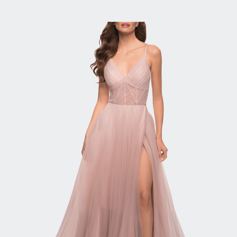 La Femme A Line Tulle Prom Dress With Sheer Bodice In Pink