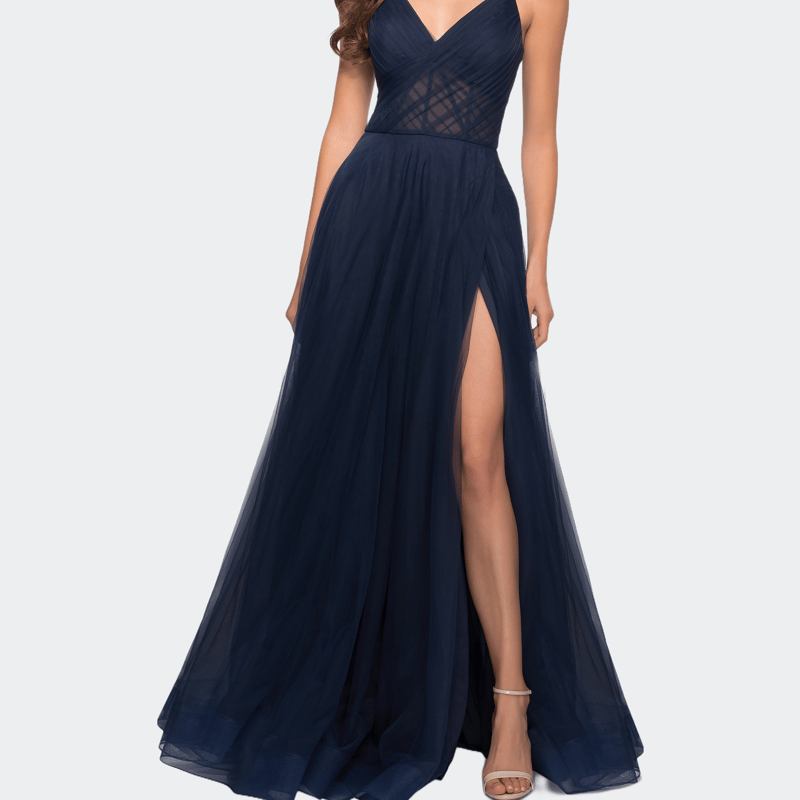 La Femme A Line Tulle Prom Dress With Sheer Bodice In Navy