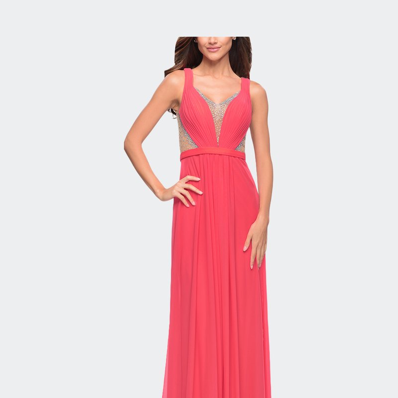 La Femme Alluring Prom Dress With Plunging Neckline And Open Back In Pink Grapefruit