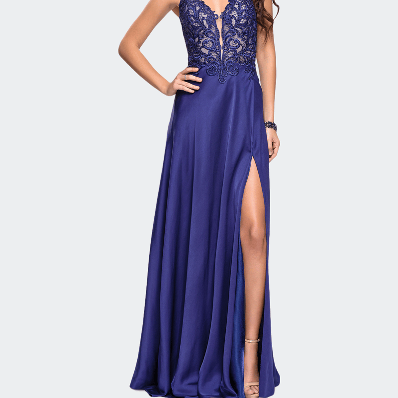 La Femme Beaded And Embroidered Lace Prom Dress With Slit In Blue