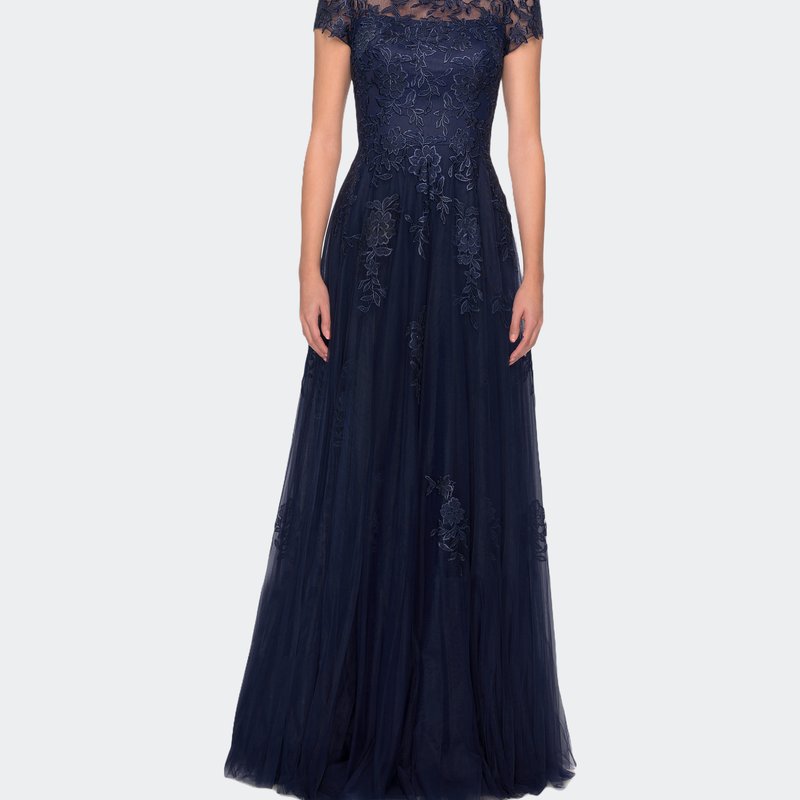 La Femme Beaded Lace Rhinestone A-line Evening Gown In Navy