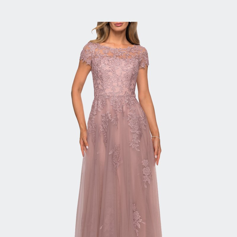 La Femme Beaded Lace Rhinestone A-line Evening Gown In Mauve