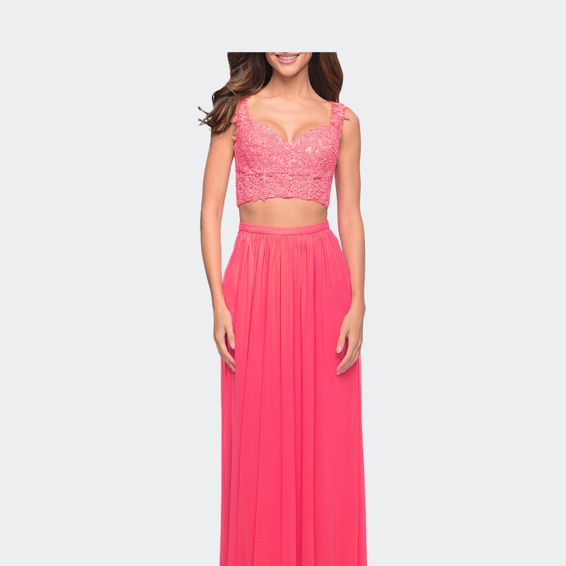 La Femme Beaded Lace To Two Piece Prom Dress With Pockets In Pink Grapefruit