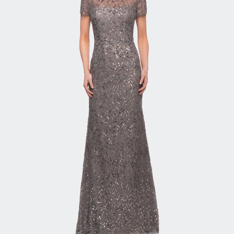 La Femme Beaded Long Dress With Illusion Top And Sleeves In Silver