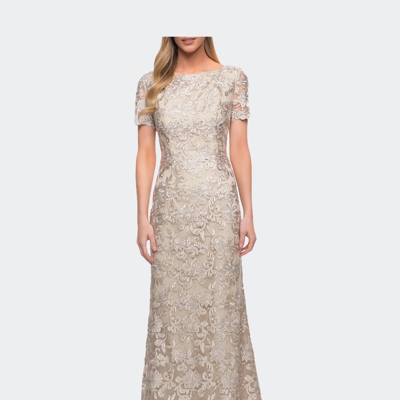La Femme Beautiful Lace Mother Of The Bride Dress With Short Sleeves In Champagne