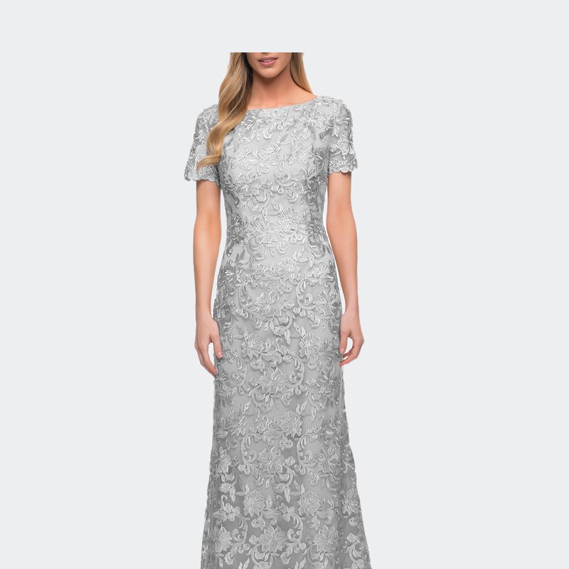 La Femme Beautiful Lace Mother Of The Bride Dress With Short Sleeves In Silver