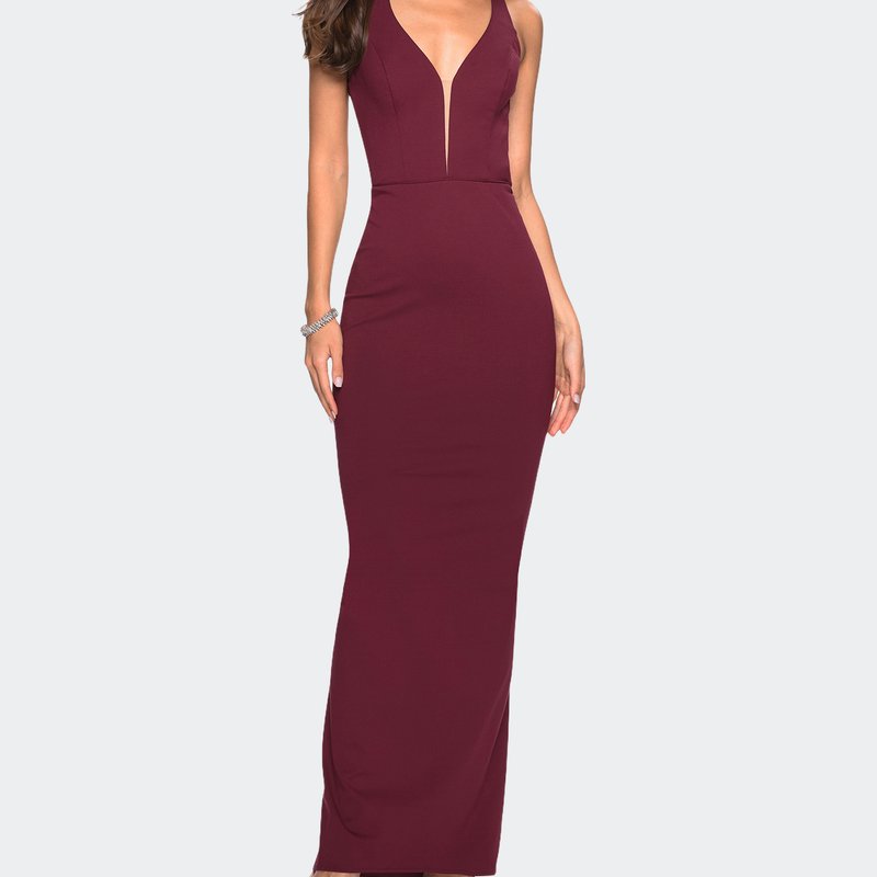 La Femme Body Forming Dress With Exposed Zipper And Slit In Wine
