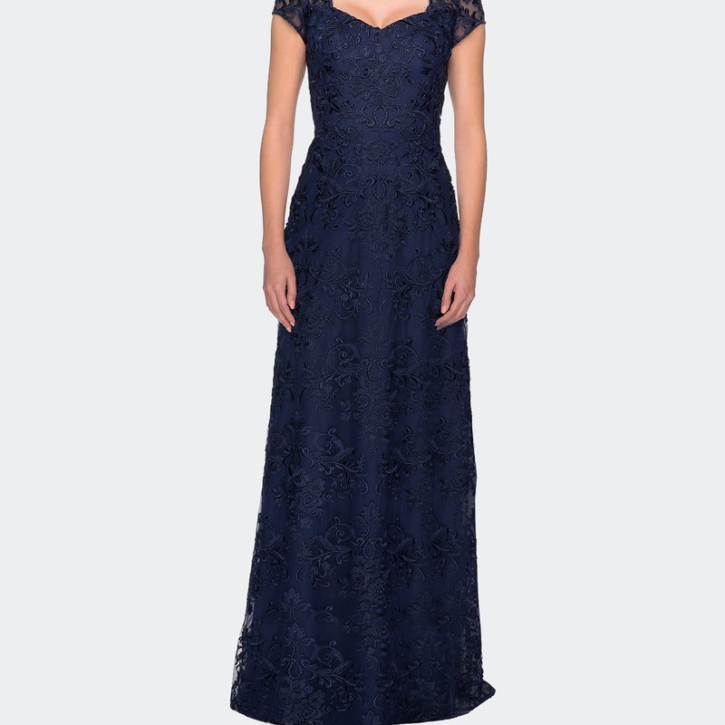 La Femme Cap Sleeve Floral Gown With Sweetheart Neckline In Blue